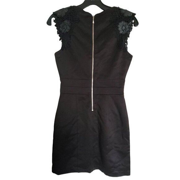 Bebe Black Floral Lace Cap Sleeve Exposed Back Silver Zipper Satin Mini Dress XS - Picture 3 of 12